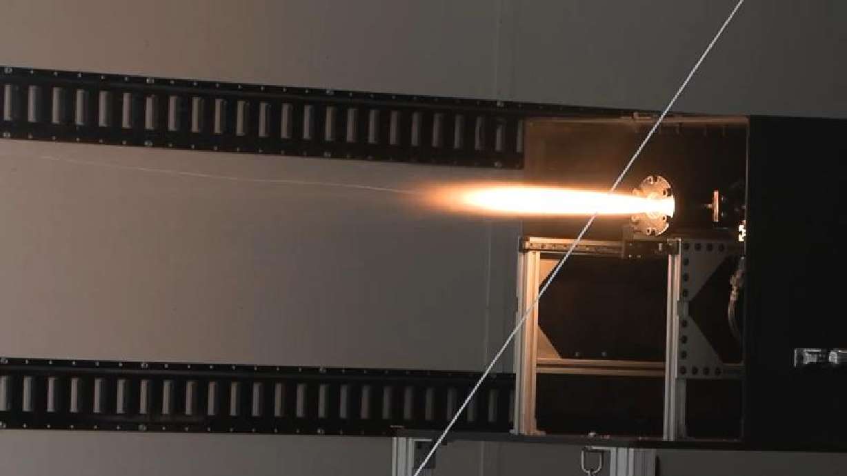 A rocket burn test is done at the Miller Advanced Research and Solutions Center, or MARS, at Weber State University in Ogden, Friday. The center opened its doors to the public to show how they want to push aerospace and defense industries forward.