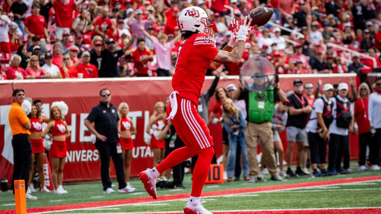 Utah Utes wide receiver Braden Pegan (7) scores a touchdown during a football game against the Utah State Aggies at Rice-Eccles Stadium in Salt Lake City on Saturday, Sept. 19, 2026.