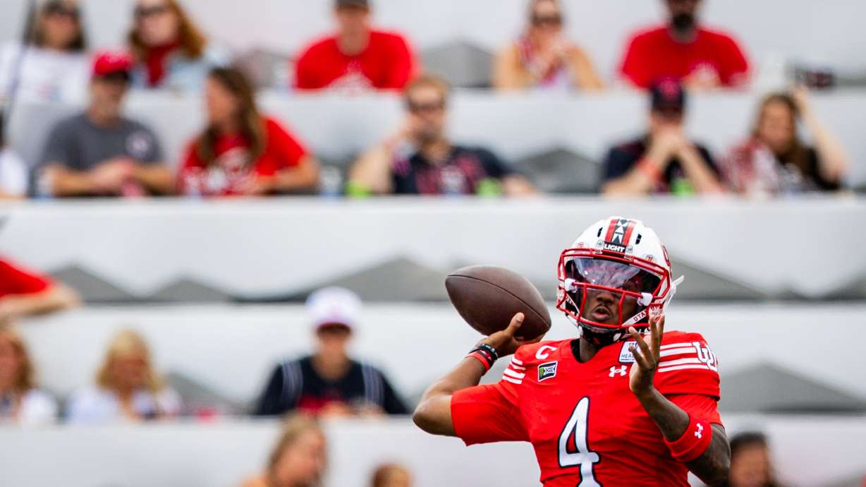 Utah Utes quarterback Devon Dampier (4) throws the ball during a football game against the Utah State Aggies at Rice-Eccles Stadium in Salt Lake City on Saturday, Sept. 19, 2026.