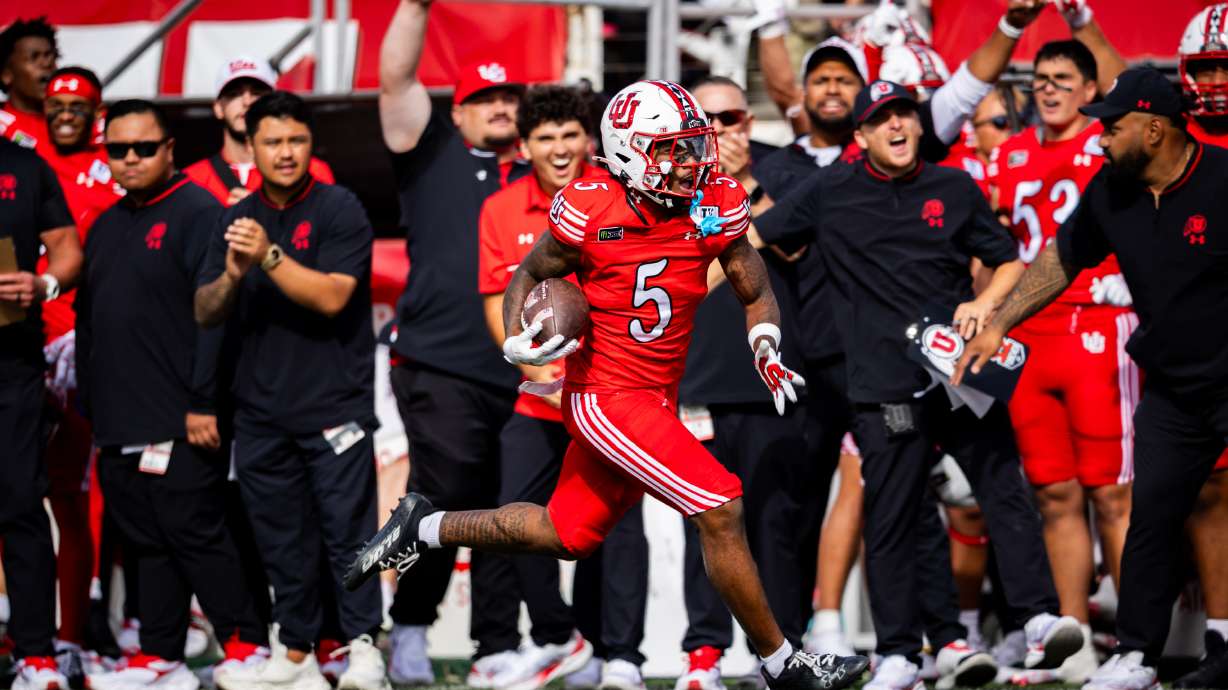 Utah Utes running back Daniel Bray (5) runs to score a touchdown during a football game against the Utah State Aggies at Rice-Eccles Stadium in Salt Lake City on Saturday, Sept. 19, 2026.