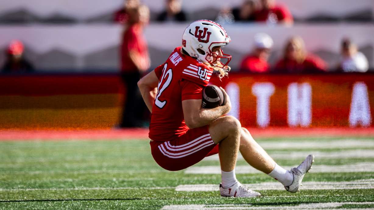 Utah Utes punter Orion Phillips (92) falls after faking a punt during a football game against the Utah State Aggies at Rice-Eccles Stadium in Salt Lake City on Saturday, Sept. 19, 2026.