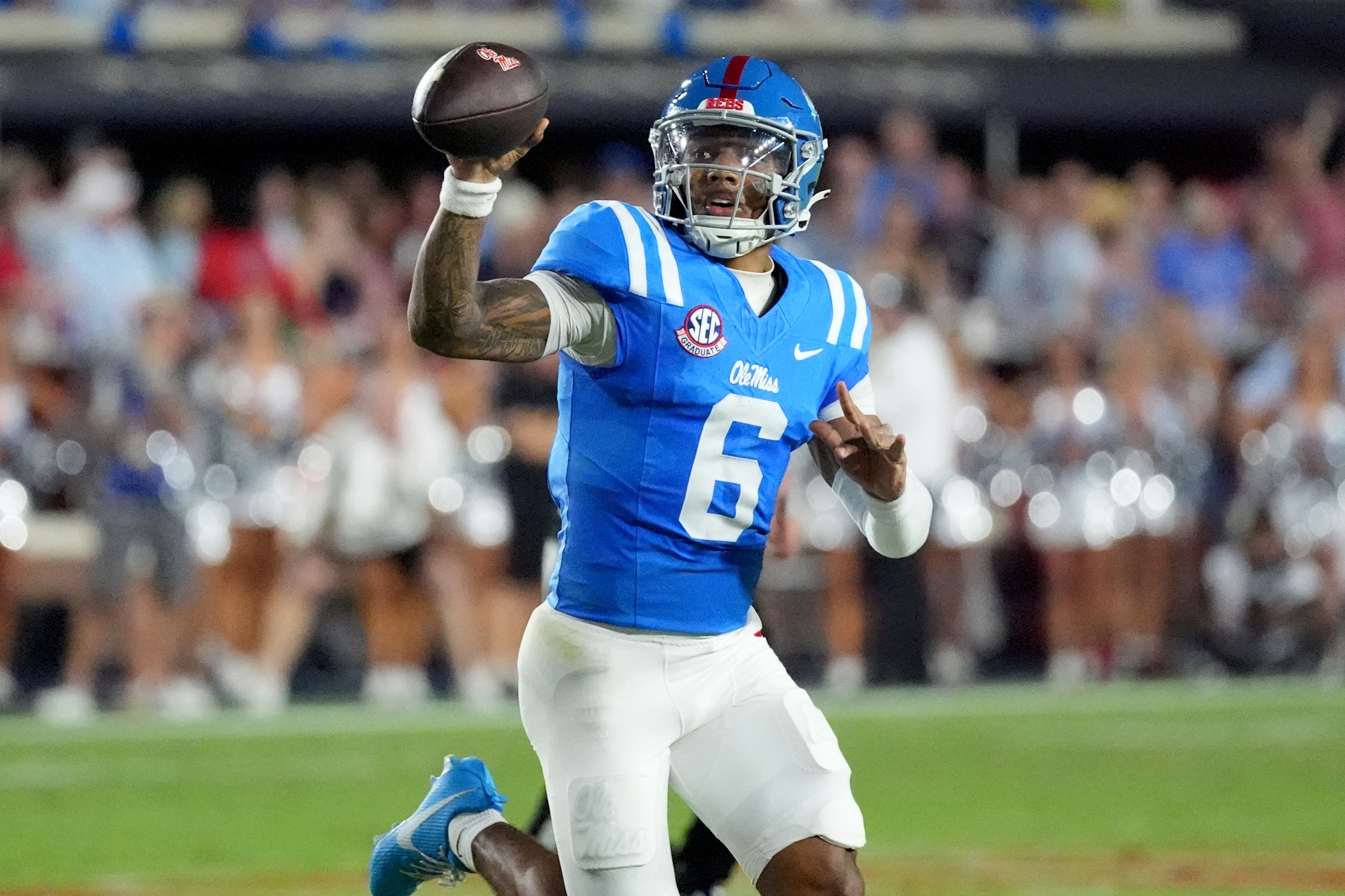 Mississippi quarterback Trinidad Chambliss (6) attempts to pass against LSU during the first half of an NCAA college football game in Oxford, Miss., Saturday, Sept. 19, 2026. 