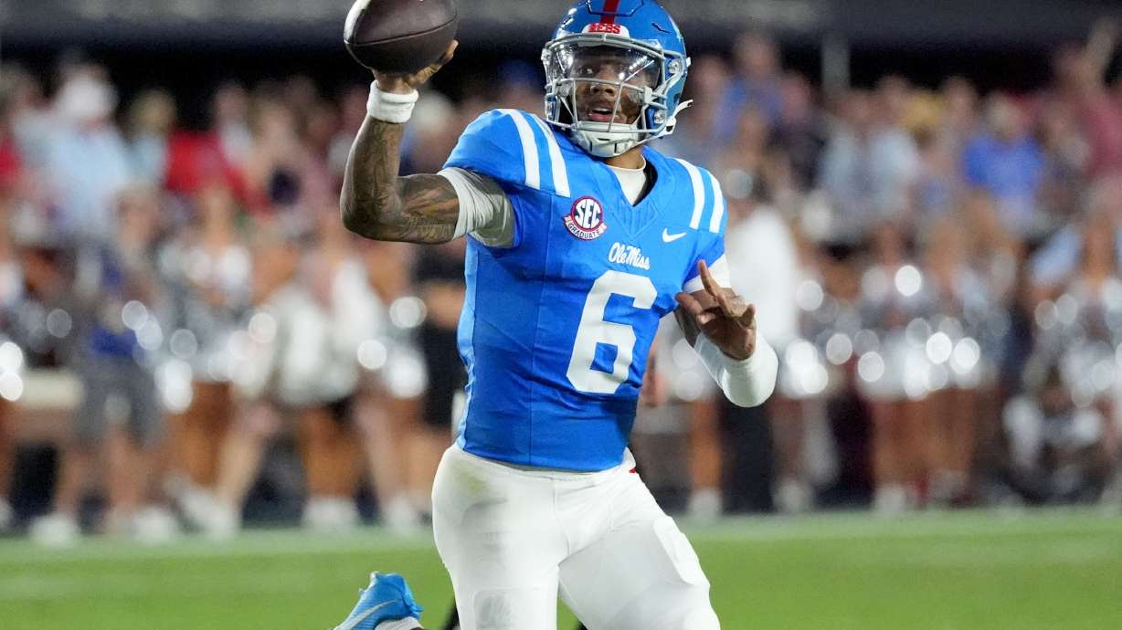 Mississippi quarterback Trinidad Chambliss (6) attempts to pass against LSU during the first half of an NCAA college football game in Oxford, Miss., Saturday, Sept. 19, 2026.