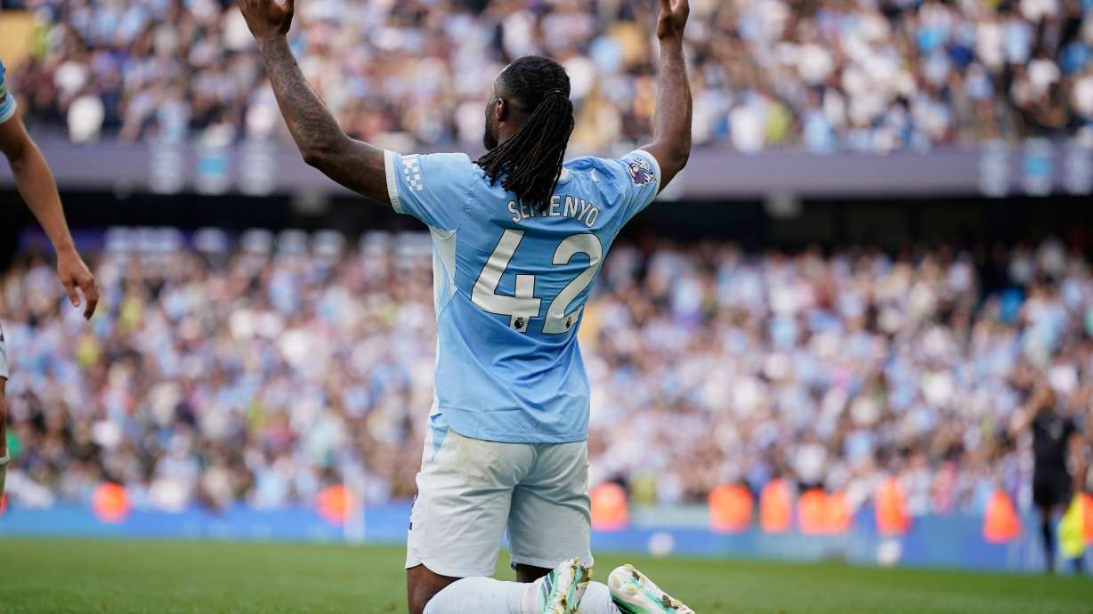 Manchester City's Antoine Semenyo reacts after scoring third goal during the English Premier League soccer match between Manchester City and Sunderland in Manchester, England, Sunday, Sept. 20, 2026.