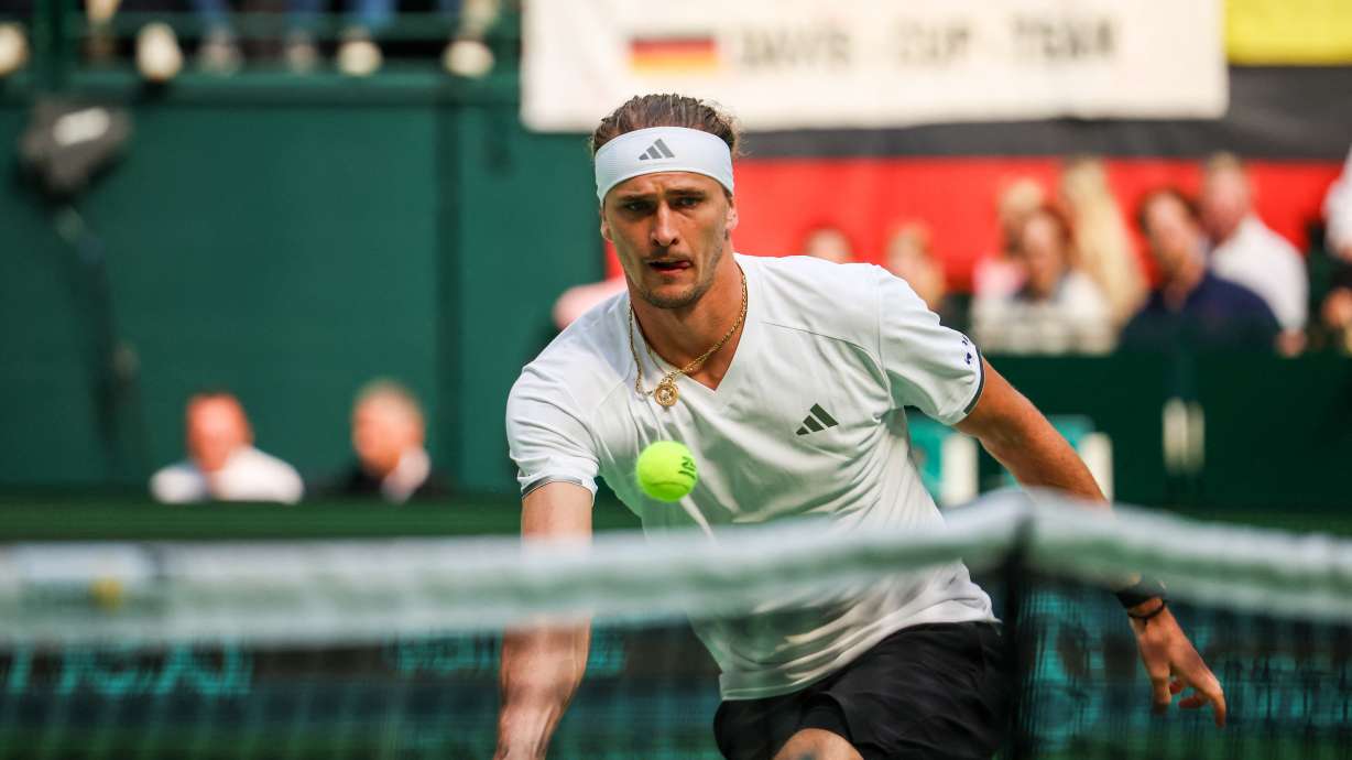 Germany's Alexander Zverev plays Croatia's Dino Prizmic during their Davis Cup tennis match in Halle, Germany, Sunday, Sept. 20, 2026.