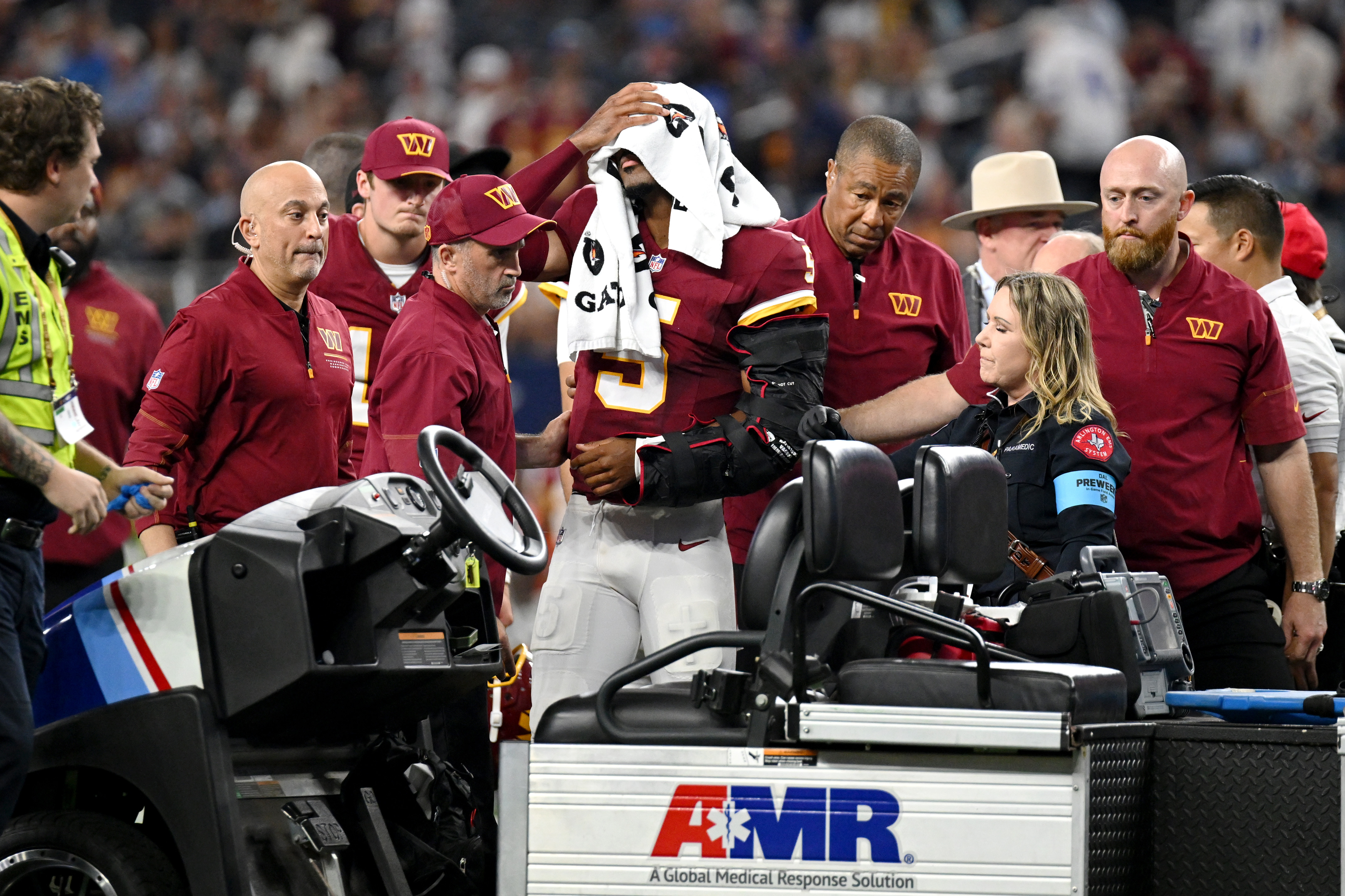 Commanders QB Jayden Daniels injures the same left elbow he dislocated last year