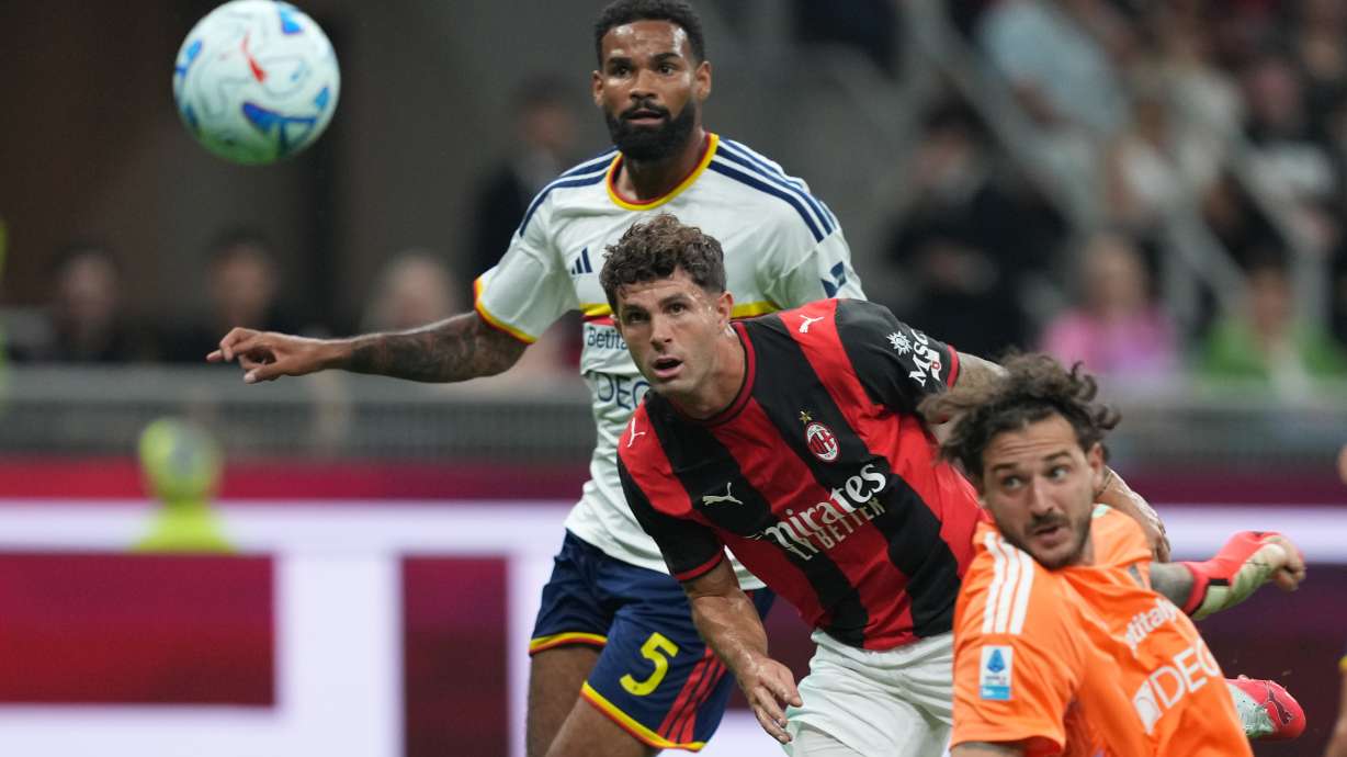 AC Milan's Christian Pulisic scores their opening goal during the Serie A soccer match between AC Milan and Lecce, in Milan, Italy, Sunday, Sept. 20, 2026.