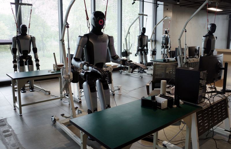Humanoid robots undergo training at a robot data training center in Liuzhou, Guangxi, China April 22, 2026.