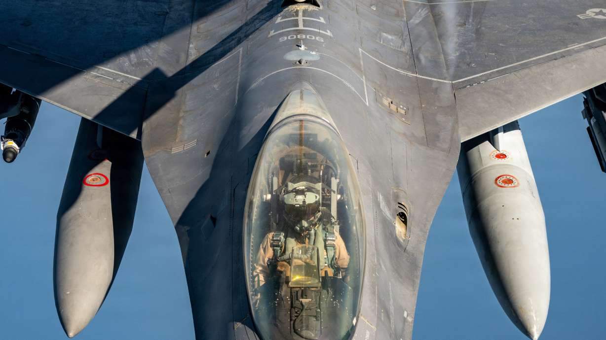 A U.S. Air Force F-16 Fighting Falcon aircraft receives fuel from the boom of a U.S. Air Force KC-135 Stratotanker aircraft in the U.S. Central Command area of responsibility on June 30.