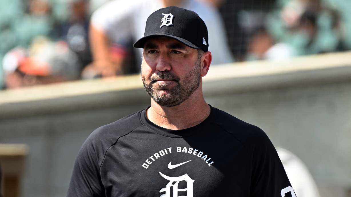 Detroit Tigers pitcher Justin Verlander watches from the dugout during the sixth inning of a baseball game against the Colorado Rockies, Sunday, Sept. 13, 2026, in Detroit.