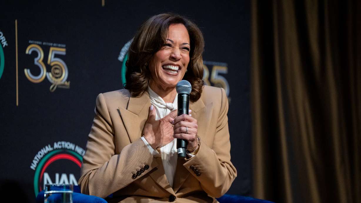 Former Vice President Kamala Harris speaks during the National Action Network Convention in New York, April 10.