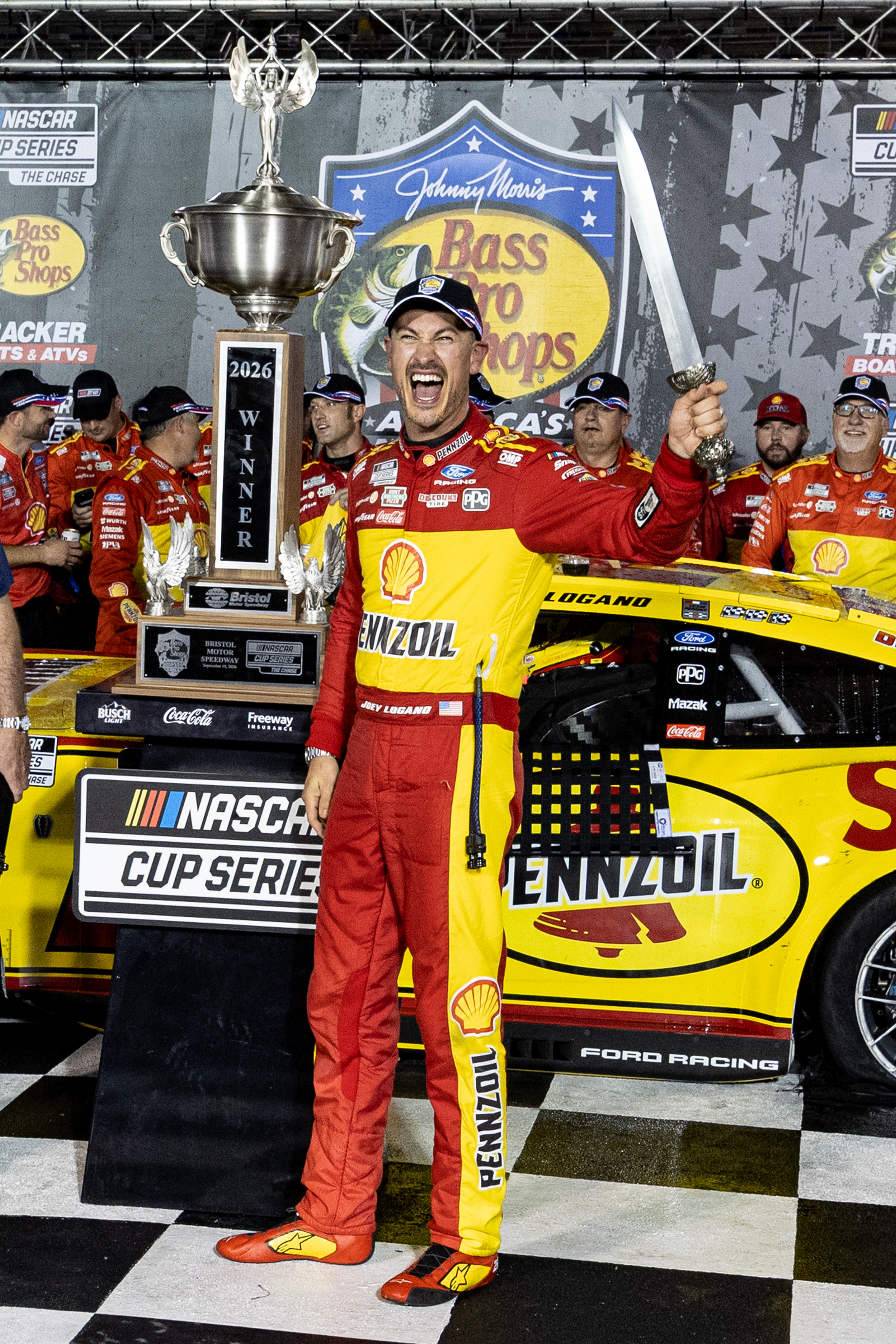 Joey Logano (22) celebrates after winning a NASCAR Cup Series auto race Saturday, Sept. 19, 2026, in Bristol, Tenn. 