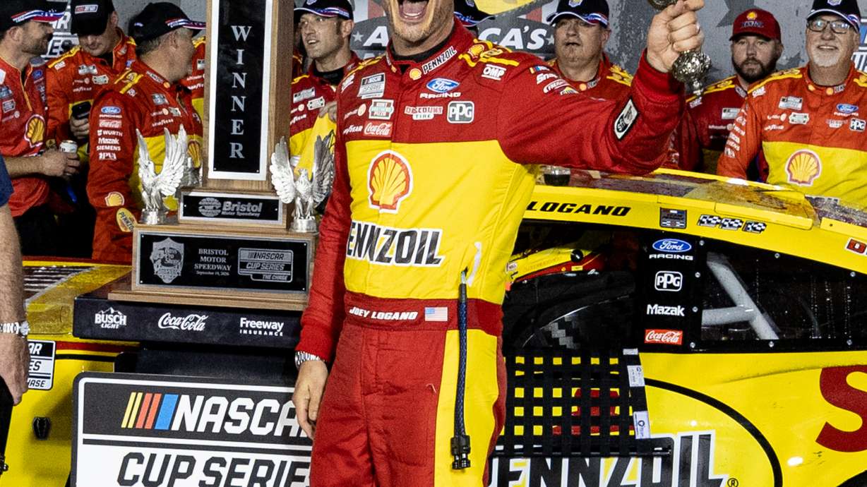 Joey Logano (22) celebrates after winning a NASCAR Cup Series auto race Saturday, Sept. 19, 2026, in Bristol, Tenn.