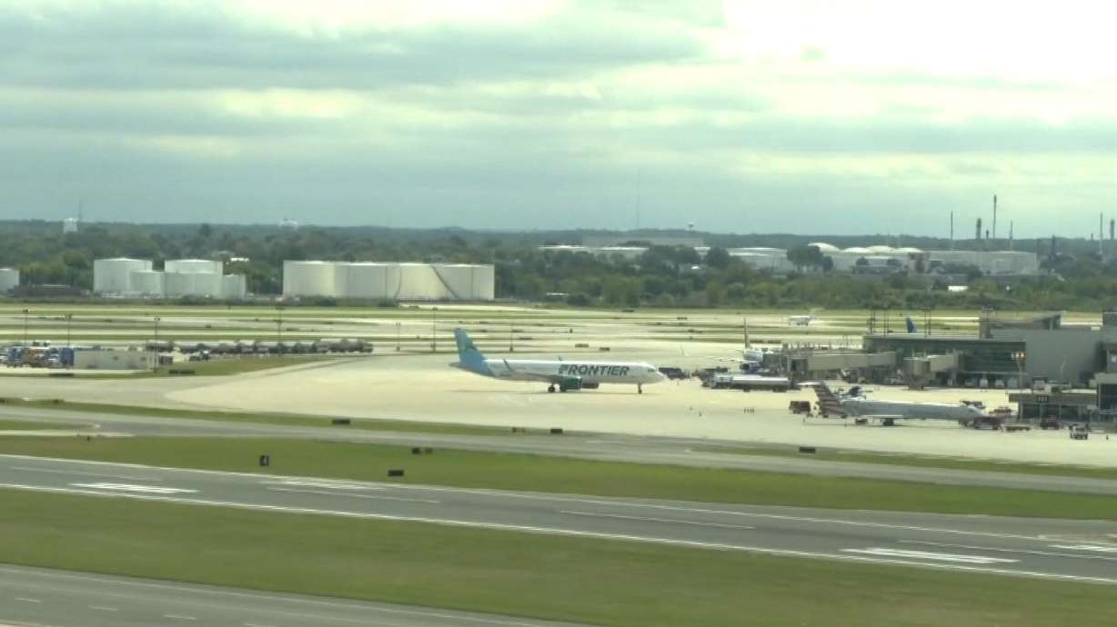 Grounded planes are seen at Philadelphia International Airport on Monday.