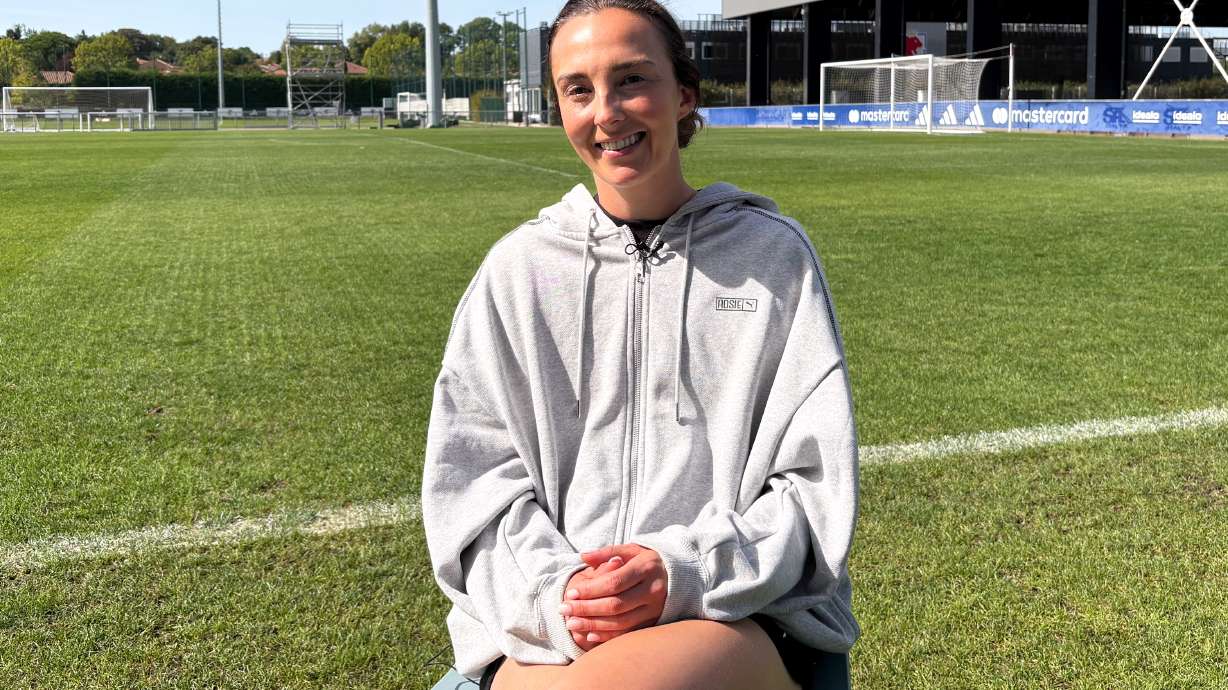 OL Lyonnes midfielder Caroline Weir sits down for an interview at the club's training ground ahead of the start of the Women's Champions League, Monday, Sept. 21, 2026, in Lyon, France.