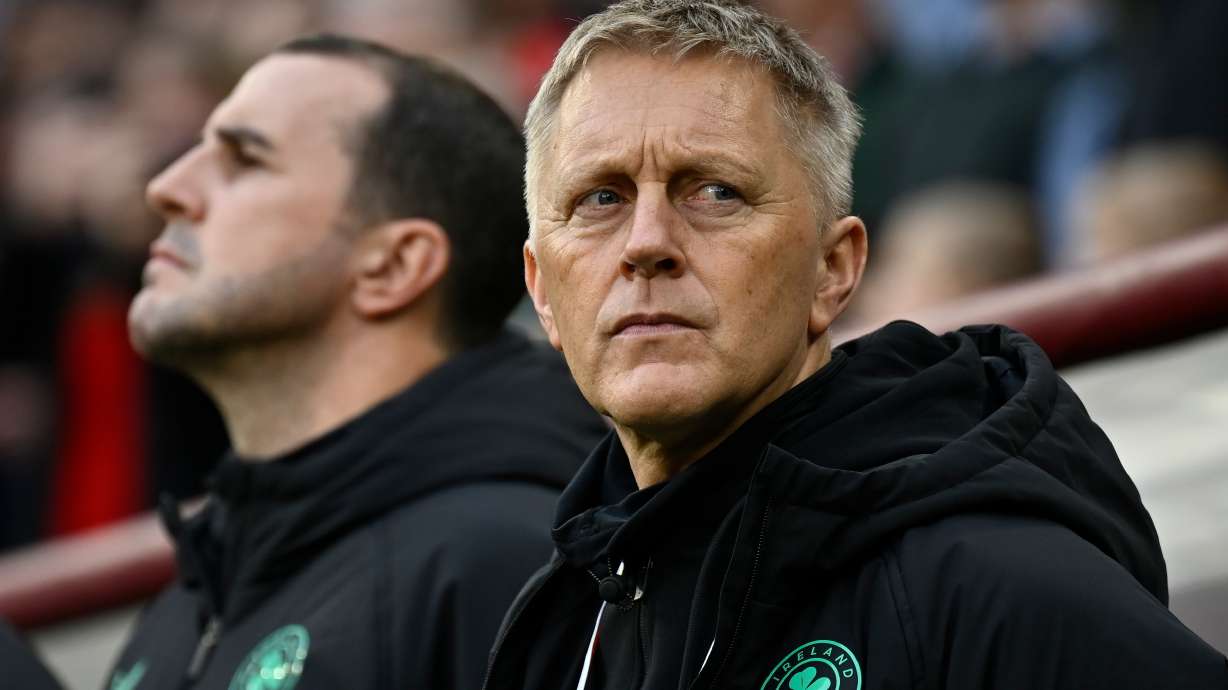 FILE - Ireland coach Heimir Hallgrimsson ahead of the World Cup 2026 group F qualifying soccer match between Hungary and Ireland in Budapest, Hungary, Nov. 16, 2025.