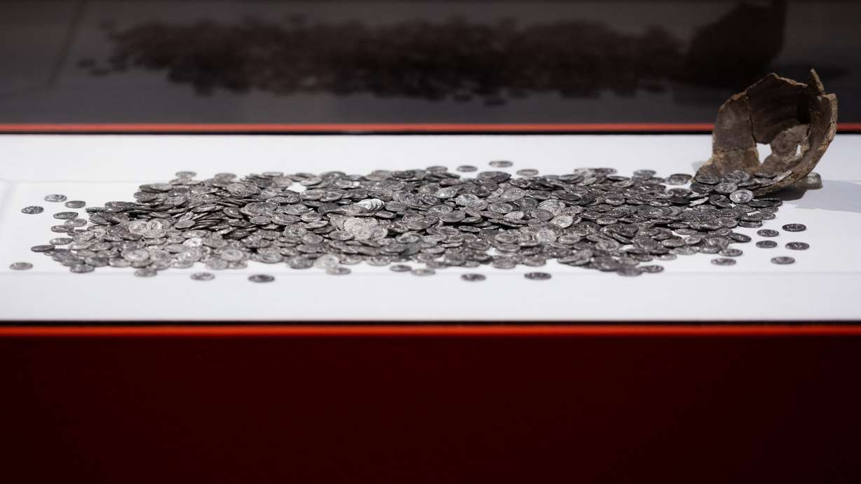 Roman coins are on display at the LVR State Museum in Bonn, Germany, on Tuesday.