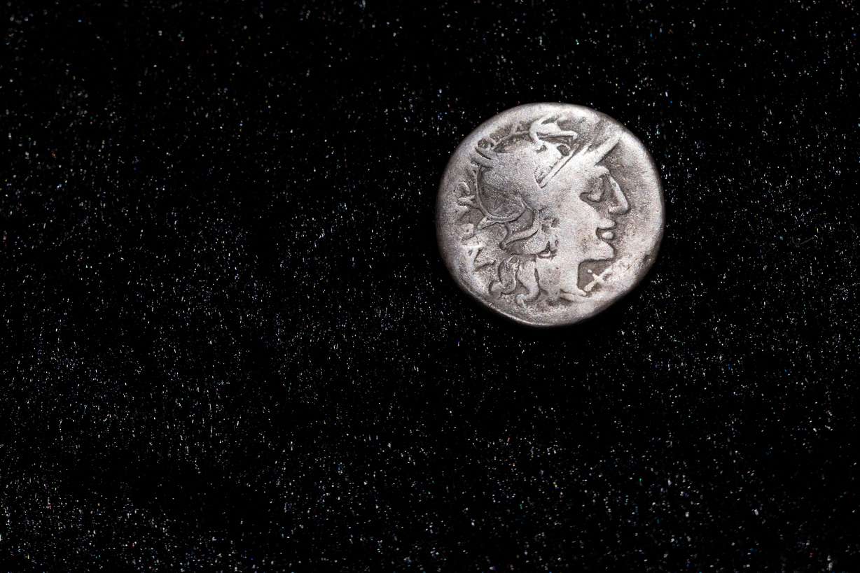A Roman coin dating from 148 B.C., when Rome was still a republic without an emperor, is on display at the LVR State Museum in Bonn, Germany, on Tuesday.