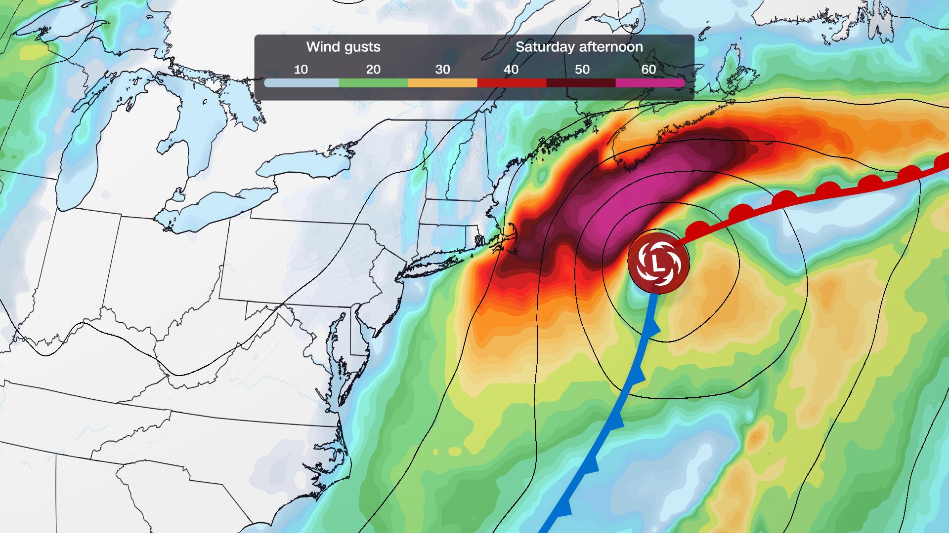 A forecast model, the American or GFS, shows how strong and where a potential nor'easter could be on Saturday.