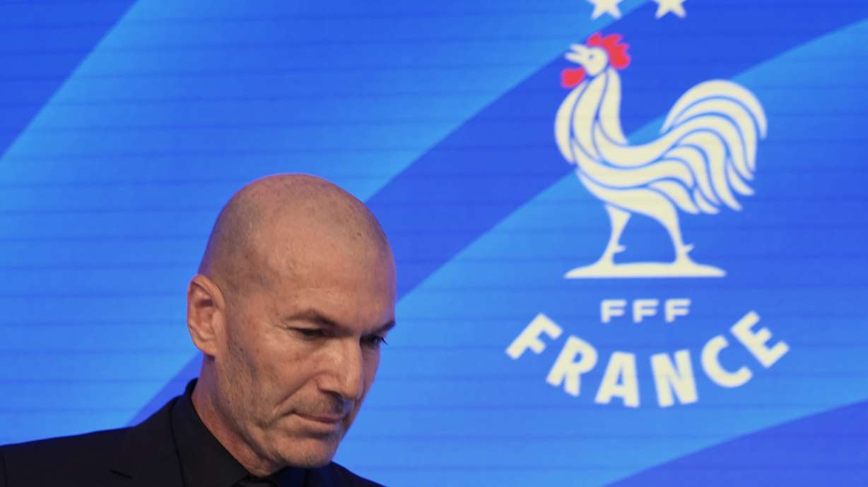 Coach of the France national soccer team, Zinedine Zidane, attends a media conference at the headquarters of French Football Federation headquarters to unveil the squad for the upcoming UEFA Nations League, in Paris, Friday, Sept. 18, 2026.