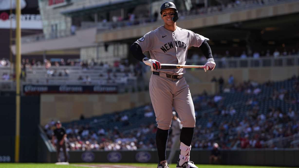New York Yankees' Aaron Judge reacts after striking out during the third inning of a baseball game against the Minnesota Twins, Wednesday, Sept. 16, 2026, in Minneapolis.