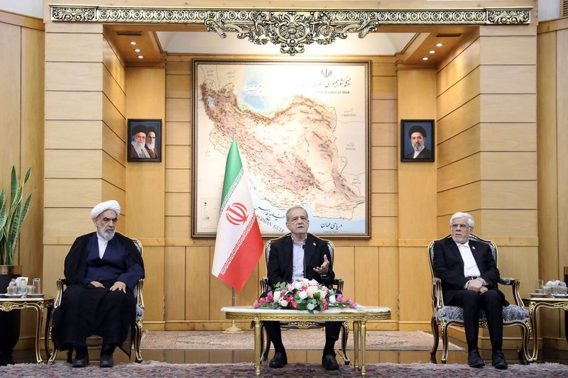 Iranian President Masoud Pezeshkian speaks before departing for New York, at Mehrabad Airport in Tehran, Tuesday. Tehran said it sees a "golden opportunity" to return to diplomacy in an effort to end its 7-month-old conflict with the United States.