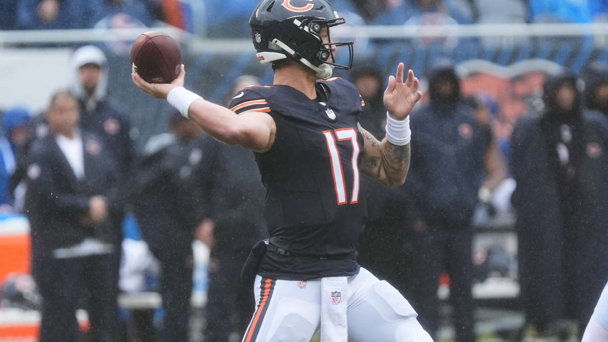Chicago Bears quarterback Tyson Bagent (17) stands back to pass during the second half of an NFL football game in Chicago Minnesota Vikings, Sunday, Sept. 20, 2026.