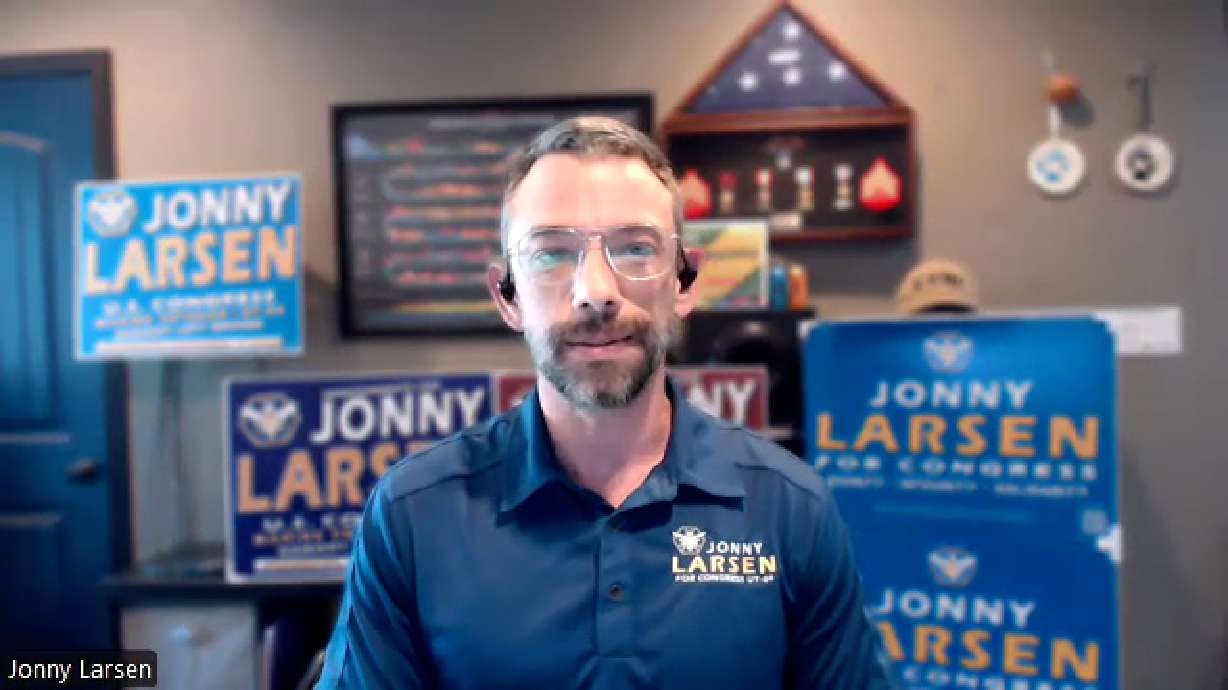 Jonny Larsen, Democratic candidate for Utah's 4th Congressional District, during a virtual interview on Tuesday. Larsen was the subject of an ethics complaint this month alleging he failed to meet the deadline for disclosing his personal financial information.