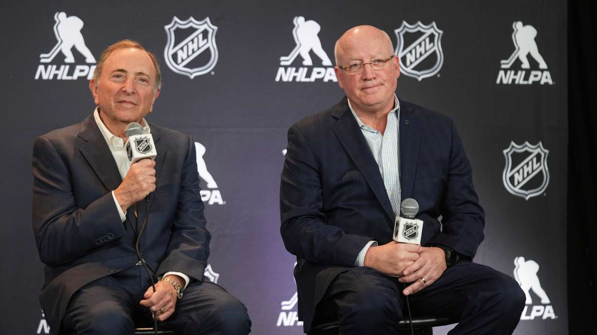 FILE - NHL Commissioner Gary Bettman, left, and Bill Daly, NHL Deputy Commissioner, conduct a joint news conference before the NHL hockey draft on June 27, 2025, in Los Angeles.