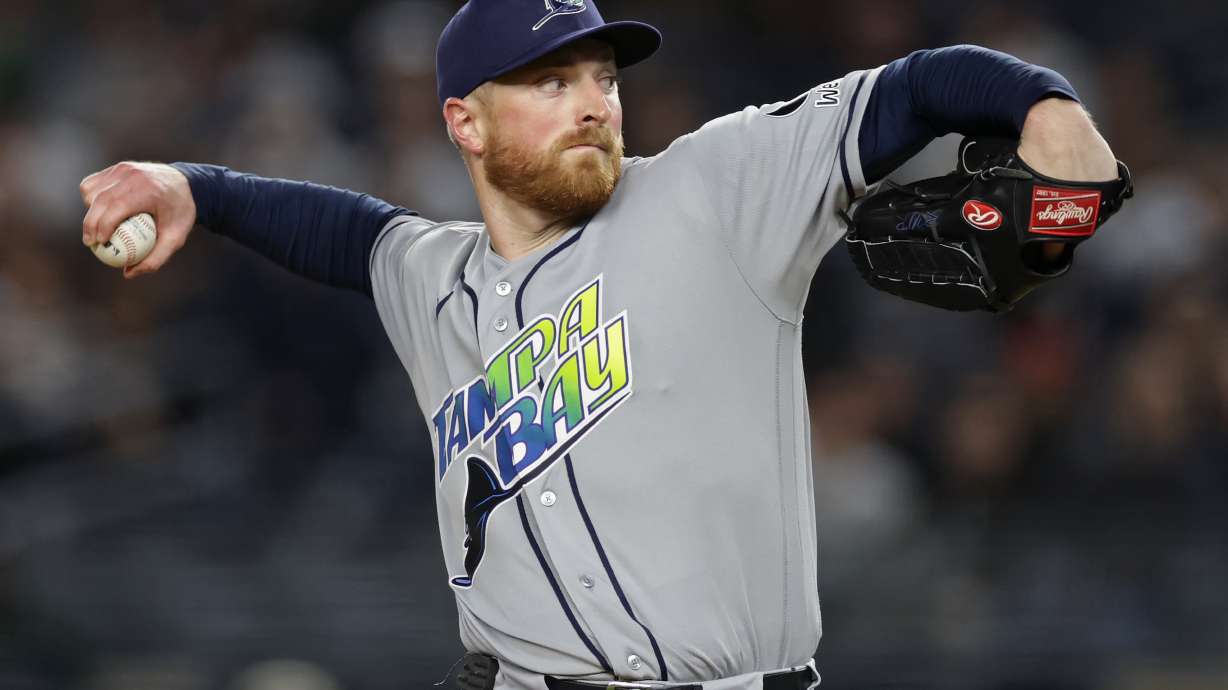 Tampa Bay Rays pitcher Drew Rasmussen throws in the first inning during the second baseball game of a doubleheader against the New York Yankees, Tuesday, Sept. 22, 2026, in New York.