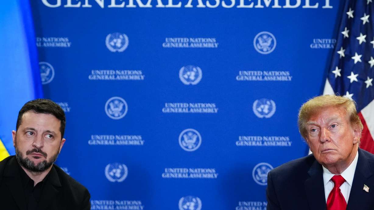 President Donald Trump meets with Ukraine's President Volodymyr Zelenskyy during the United Nations General Assembly, Tuesday, at the U.N. headquarters. Russia launched a daylight attack on Ukraine on Wednesday, hours before Zelenskyy's address to the U.N.