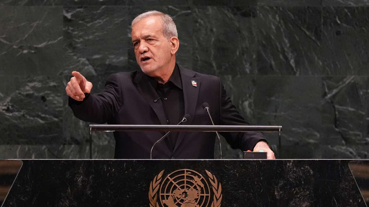 Iran's President Masoud Pezeshkian speaks during the 81st session of the United Nations General Assembly at United Nations headquarters, Wednesday. Pezeshkian said his people were "victims of terrorism" by the United States.