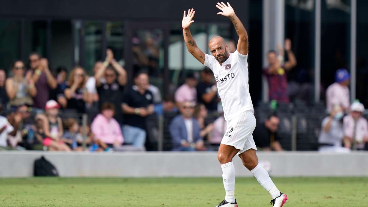 FILE - Inter Miami forward Federico Higuain waves to fans as he leaves the field the second half of an MLS soccer match against New York City FC, Saturday, Oct. 30, 2021, during, in Fort Lauderdale, Fla.