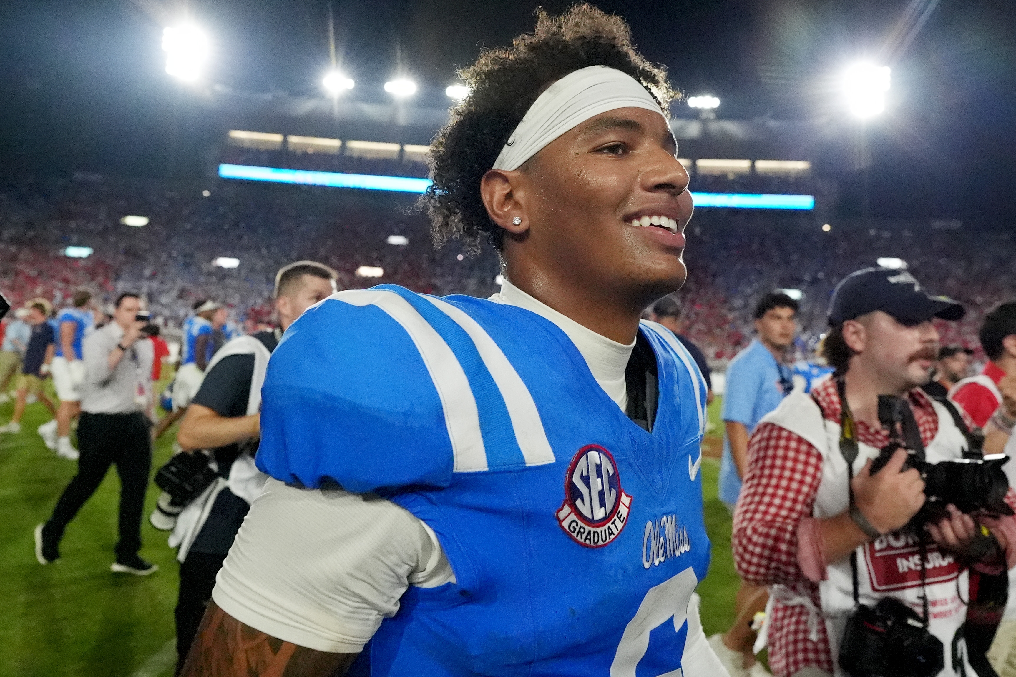 Mississippi quarterback Trinidad Chambliss (6) celebrates his team's win over LSU during an NCAA college football game in Oxford, Miss., Saturday, Sept. 19, 2026. 