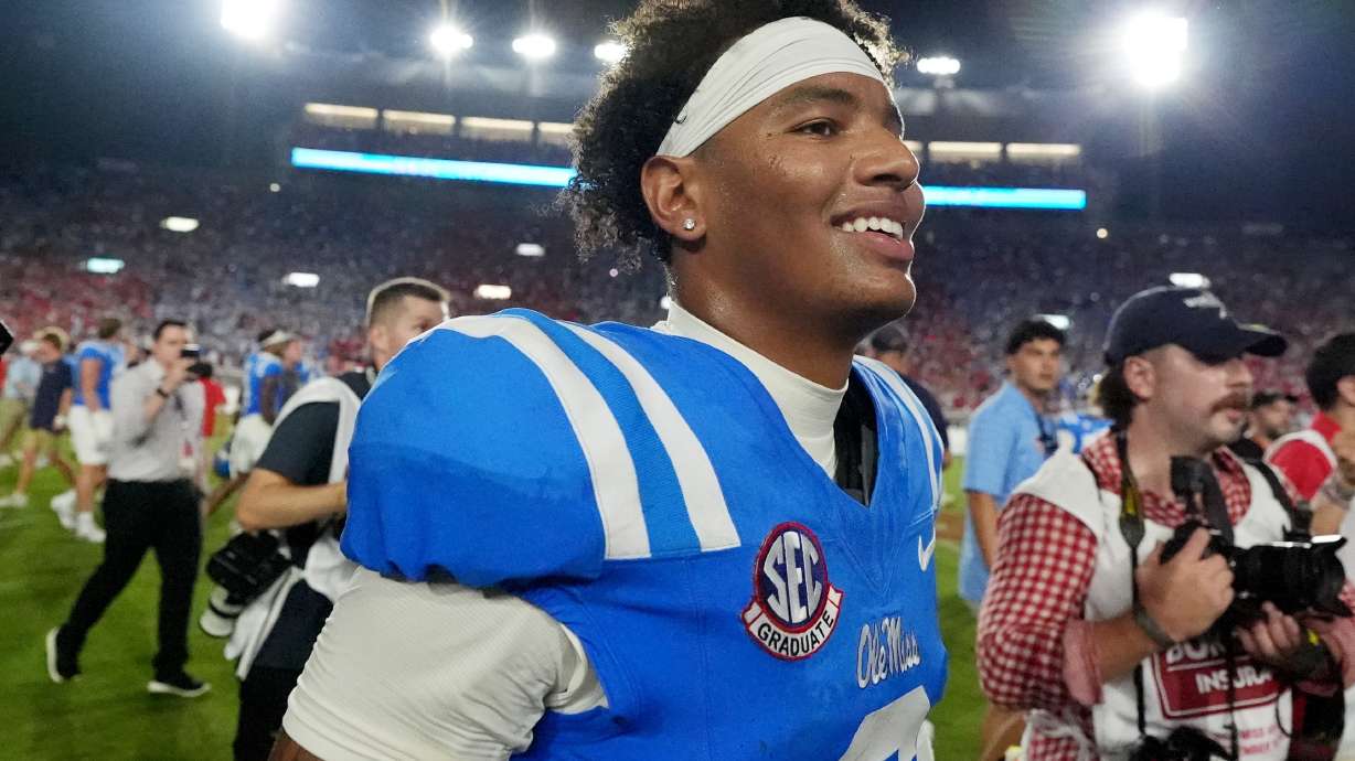 Mississippi quarterback Trinidad Chambliss (6) celebrates his team's win over LSU during an NCAA college football game in Oxford, Miss., Saturday, Sept. 19, 2026.