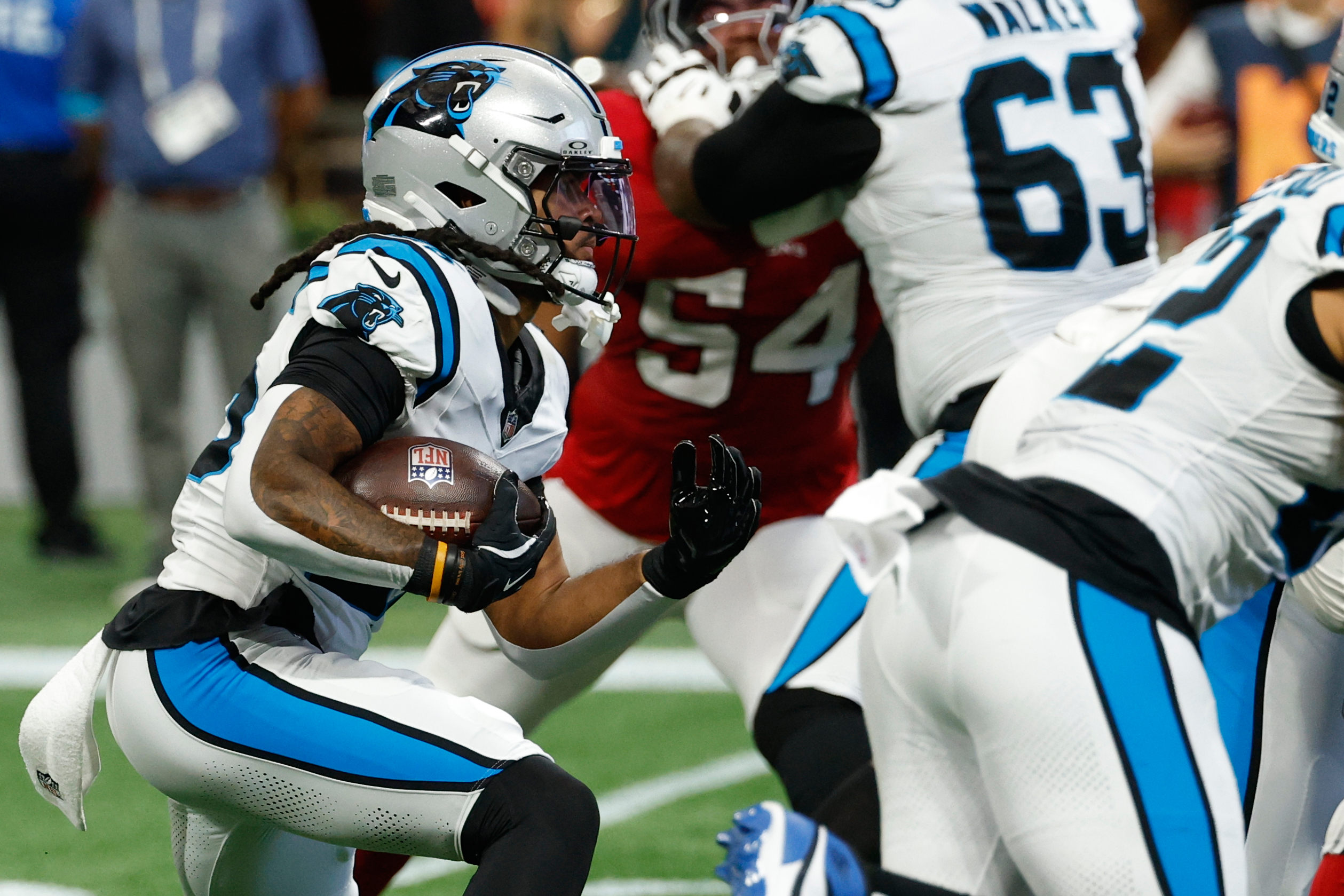 Carolina Panthers running back Jonathon Brooks (25) rushes the ball during an NFL football game against the Atlanta Falcons in Atlanta, Sunday, Sept. 20, 2026. 