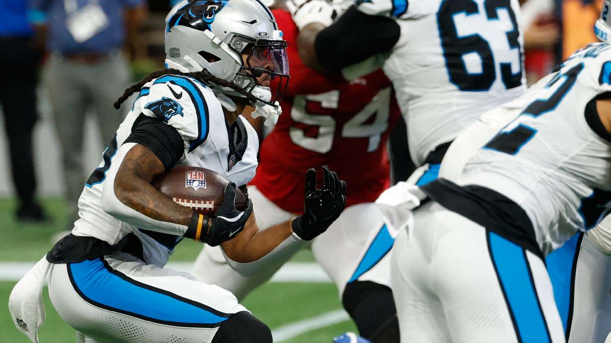 Carolina Panthers running back Jonathon Brooks (25) rushes the ball during an NFL football game against the Atlanta Falcons in Atlanta, Sunday, Sept. 20, 2026.