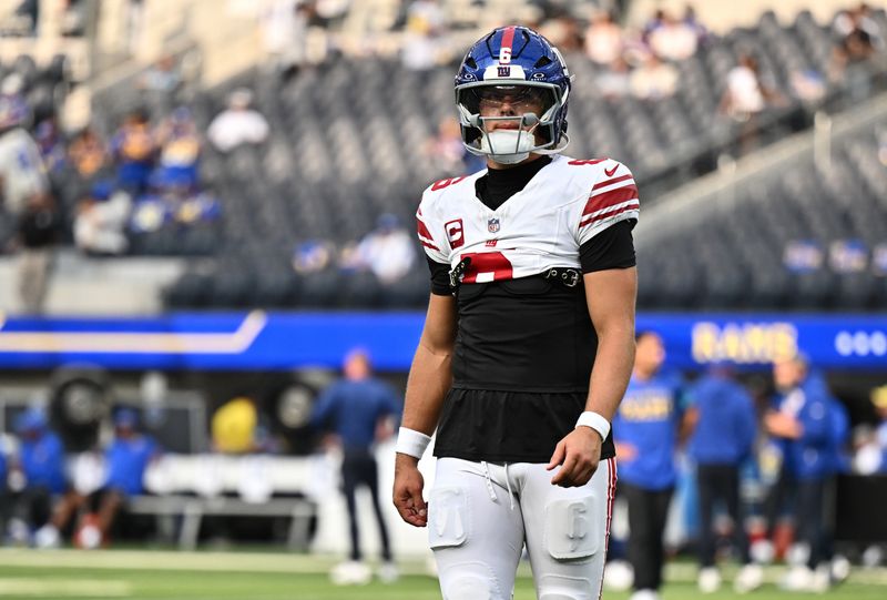 Sep 21, 2026; Inglewood, California, USA;  New York Giants quarterback Jaxson Dart (6) warms up before a game agaimst the Los Angeles Rams at SoFi Stadium.