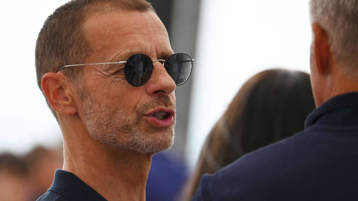 UEFA president Aleksander Ceferin attends an event with school children following a UEFA Executive Committee meeting in Thessaloniki, northern Greece, Tuesday, Sept. 15, 2026.