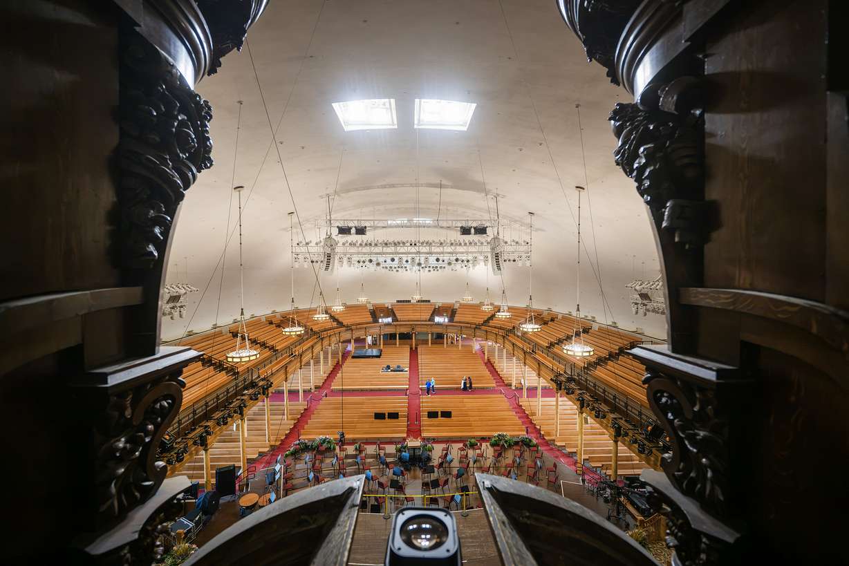 The view of the Tabernacle on Temple Square in Salt Lake City from between the main pipe columns on Tuesday.