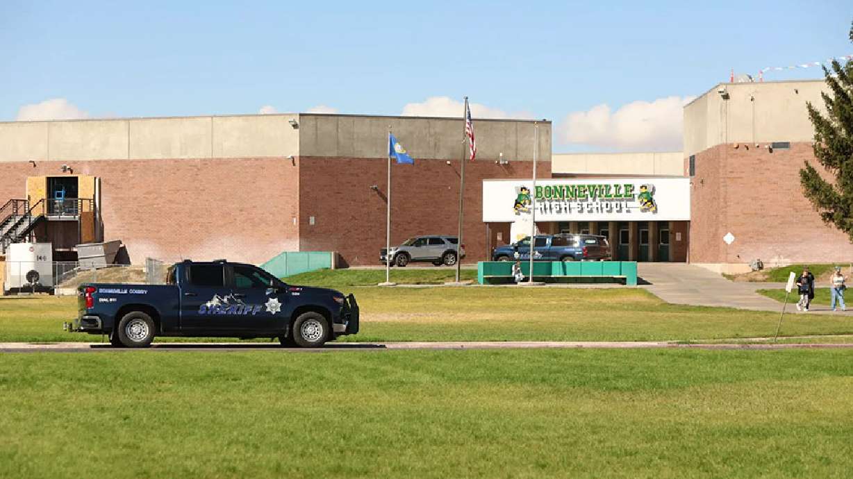 Law enforcement seen at Bonneville High School in Idaho Falls, Idaho, as they investigate what is believed to be a swatting hoax, Wednesday.
