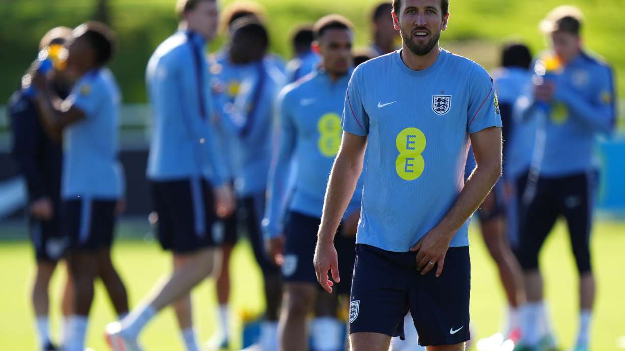England's Harry Kane looks on during a training session at St George's Park, Burton-upon-Trent, England, Wednesday Sept. 23, 2026.
