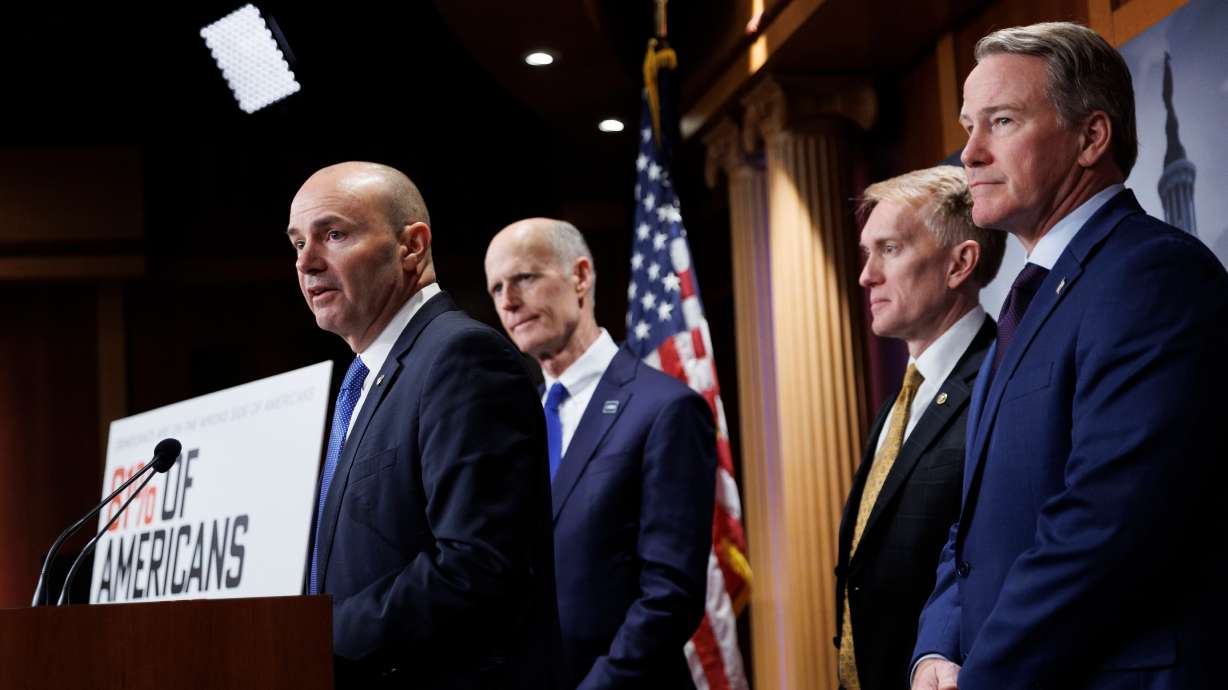 Sen. Mike Lee joined by Sens. Rick Scott, R-Fla., James Lankford, R-Okla., and Jon Husted, R-Ohio, during a news conference regarding the SAVE Act on Capitol Hill on March 19 in Washington. Lee and Sen. Alex Padilla, D-Calif., took to the Senate floor over the act.