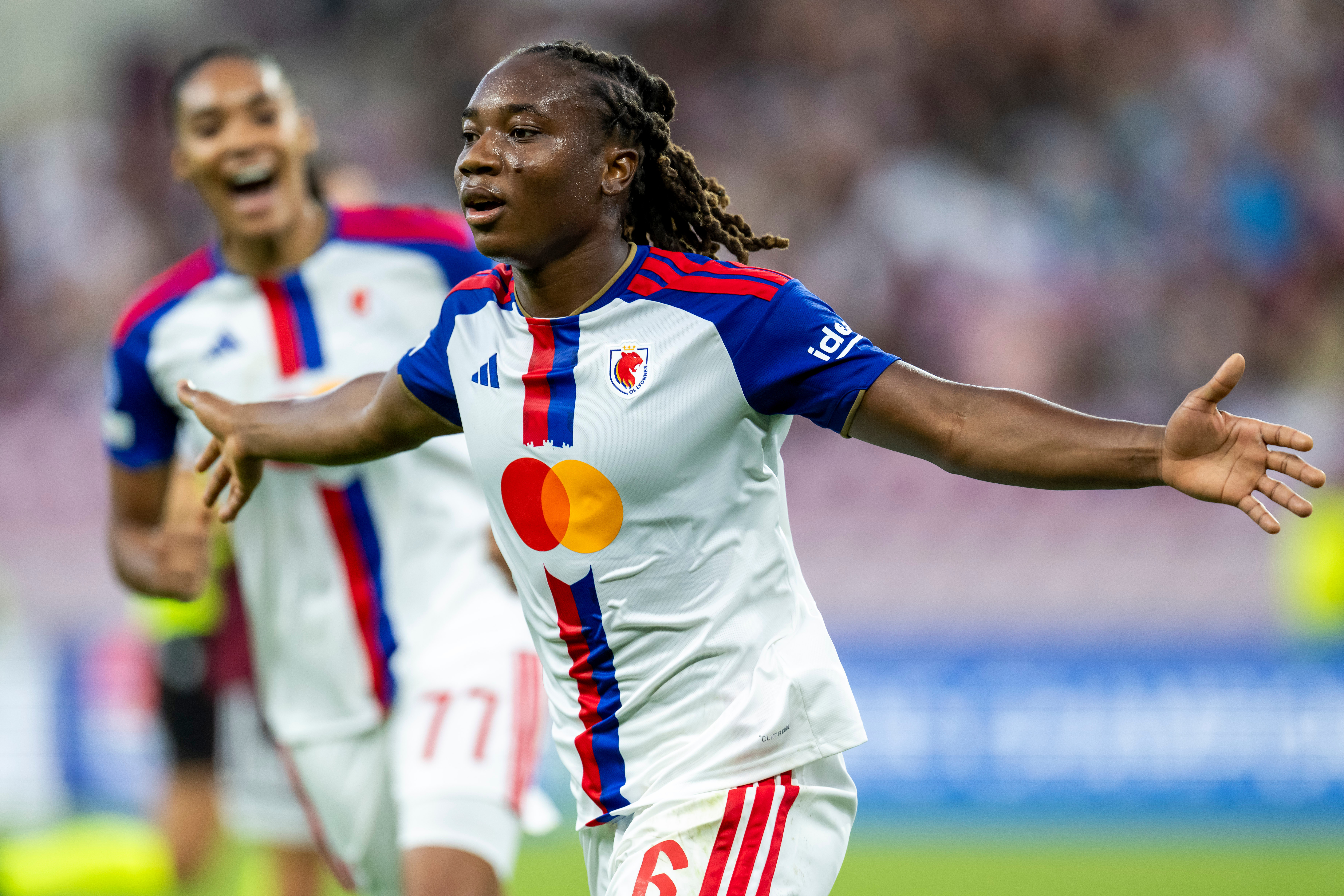 OL Lyonnes' Melchie Dumornay celebrates during a UEFA Women's Champions League soccer match against Servette FC Chenois in Geneva, Switzerland, Wednesday, Sept. 23, 2026. 
