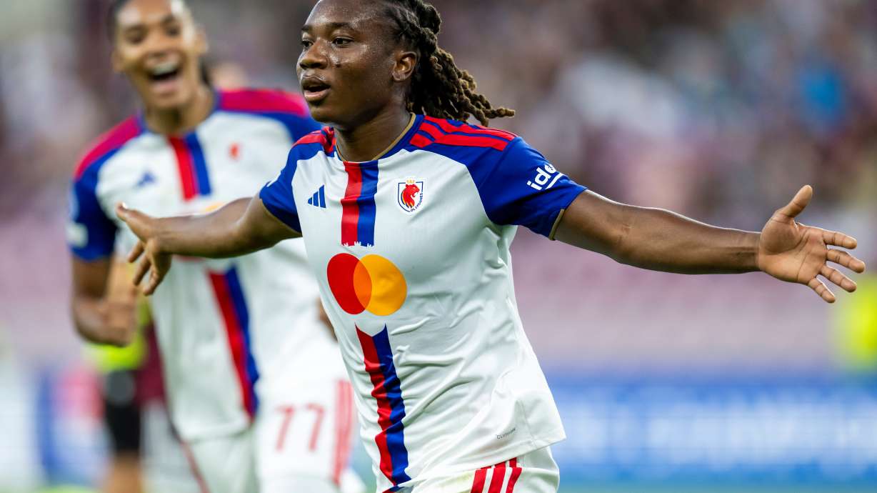 OL Lyonnes' Melchie Dumornay celebrates during a UEFA Women's Champions League soccer match against Servette FC Chenois in Geneva, Switzerland, Wednesday, Sept. 23, 2026.