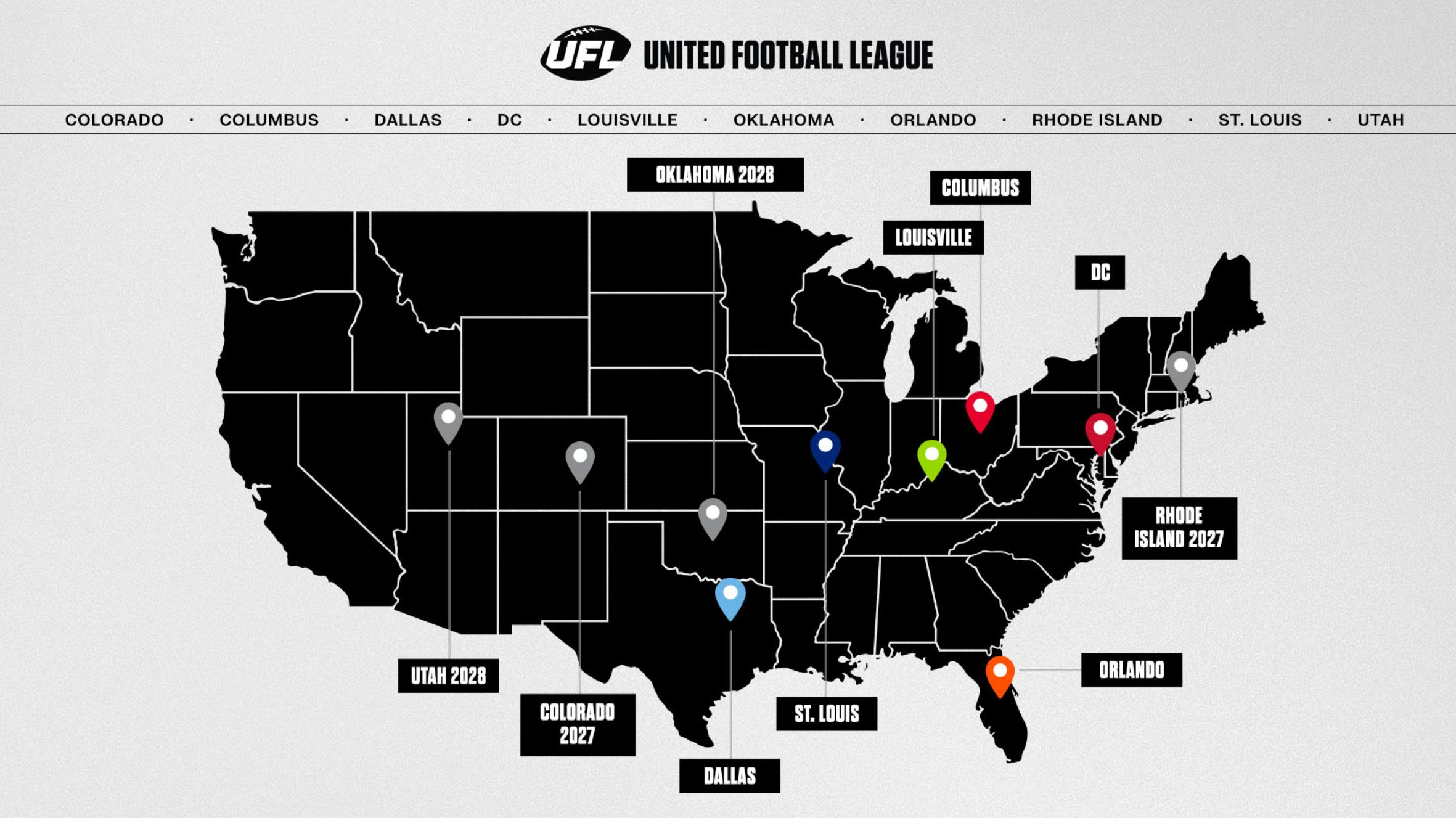 A map of the U.S. shows both current and upcoming UFL teams.