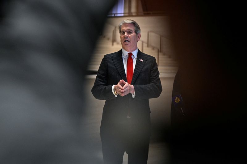 Treasury Secretary Scott Bessent speaks to the media after meeting China's Vice Premier He Lifeng at JPMorgan Chase's global corporate headquarters in New York City, Sunday. Trade breakthroughs are more likely at a summit between Chinese President Xi Jinping and President Donald Trump.