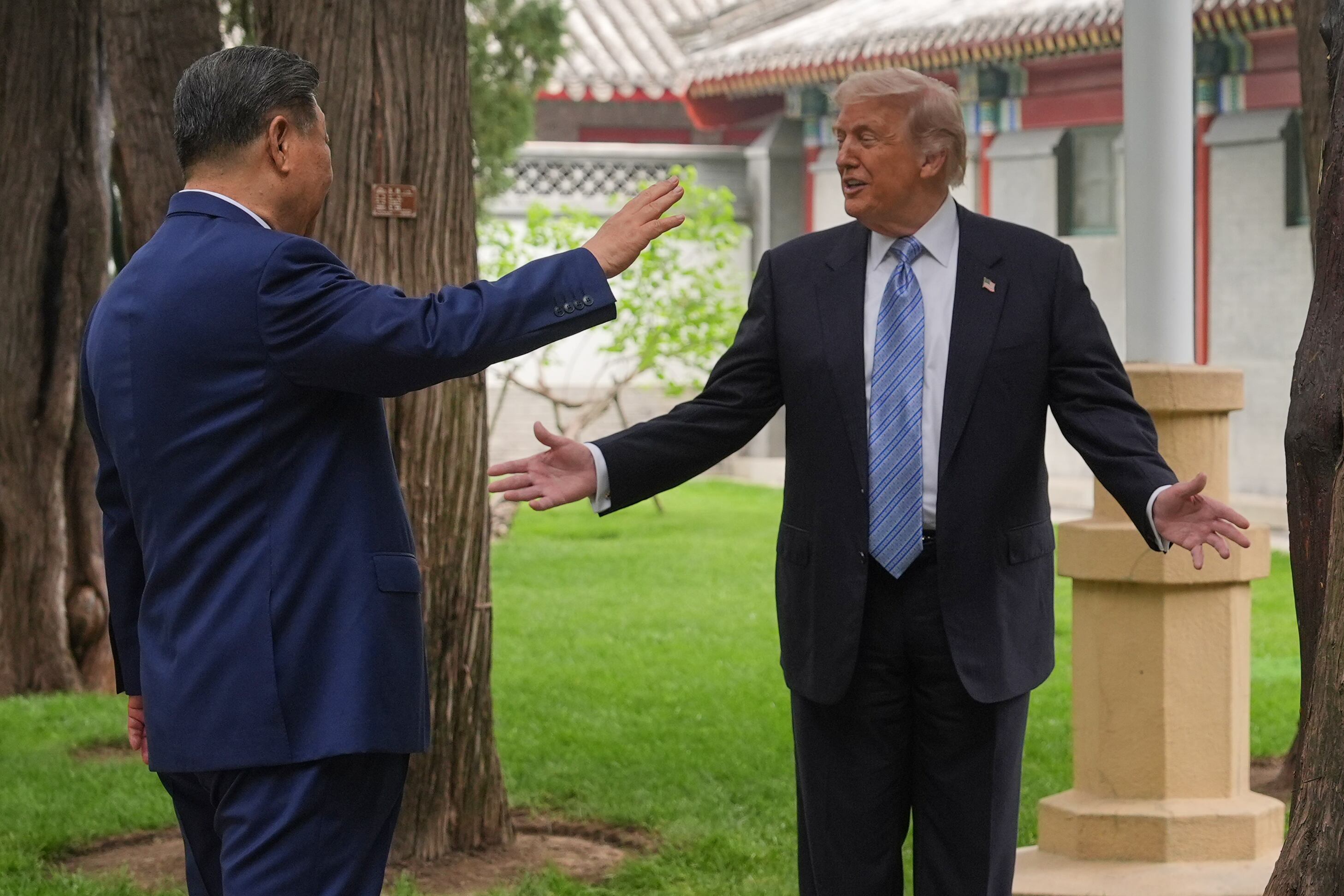 President Donald Trump talks with China's President Xi Jinping at the Zhongnanhai leadership compound, May 15, in Beijing. Republicans have high expectations for Trump's meetings with Xi in Washington this week.