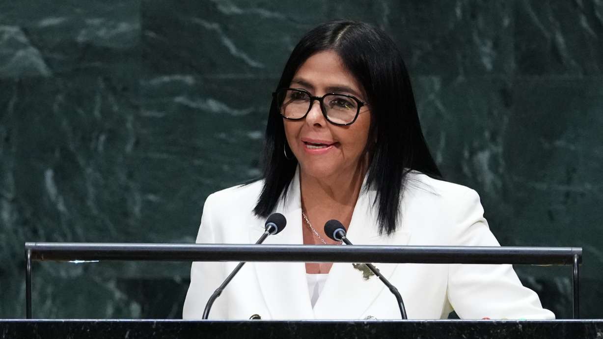 Delcy Rodríguez, acting president of Venezuela, addresses the 81st session of the United Nations General Assembly at headquarters Wednesday. Rodríguez promised elections at the "right moment."