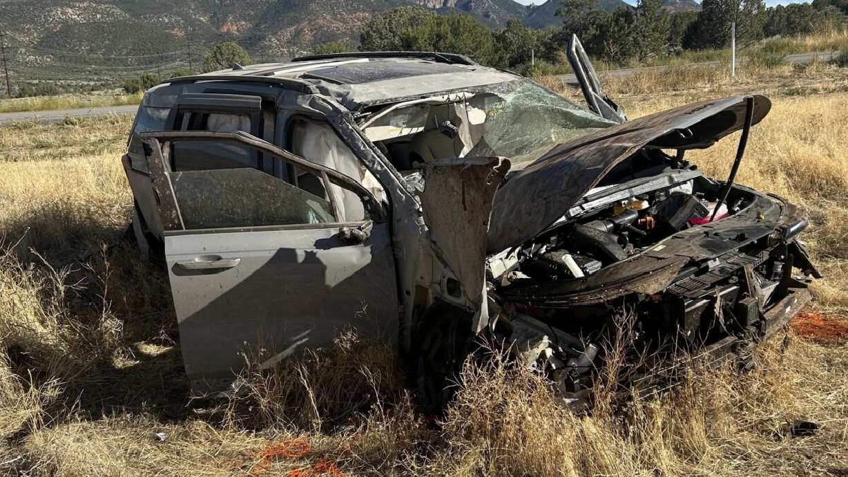 A Kia Carnival is pictured after a crash on state Route 18 in Washington County on Wednesday.